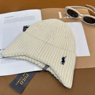 Ralph Lauren Hat Chalk White Side Pony Rib Knit Beanie